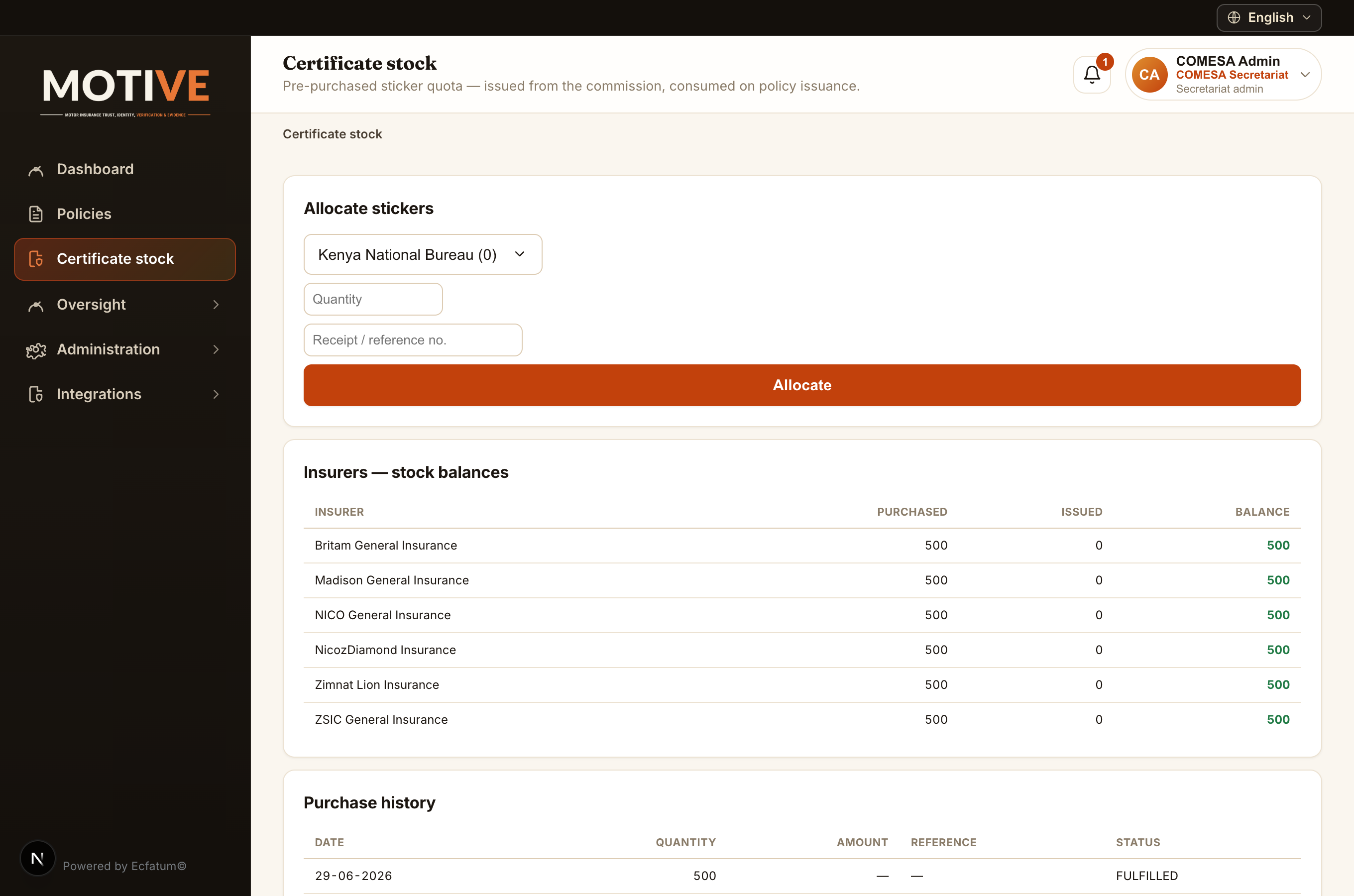 The Certificate stock screen with allocation and per-insurer balances