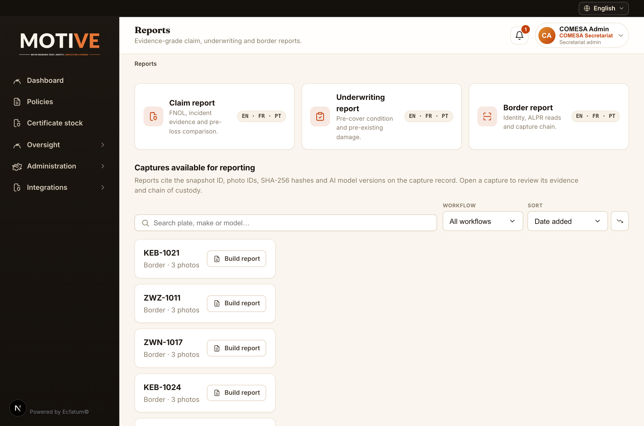 The Reports screen with claim, underwriting and border reports