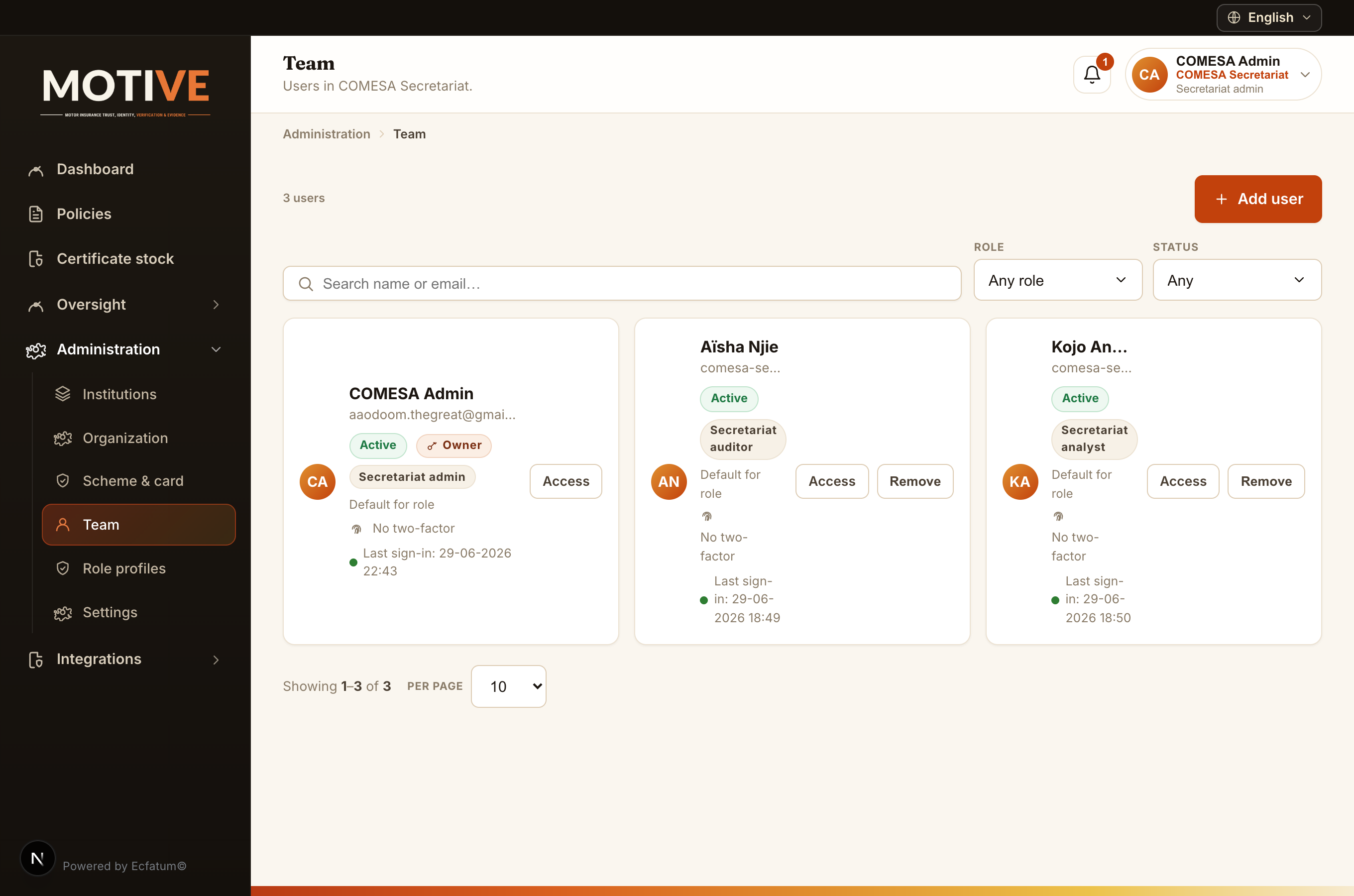 The Team screen listing staff with an Add user button